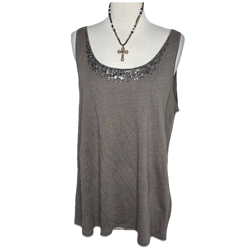 EILEEN FISHER Tank Top‎ XL Brown Linen Slub Jersey Embellished Scoop Neck Shell